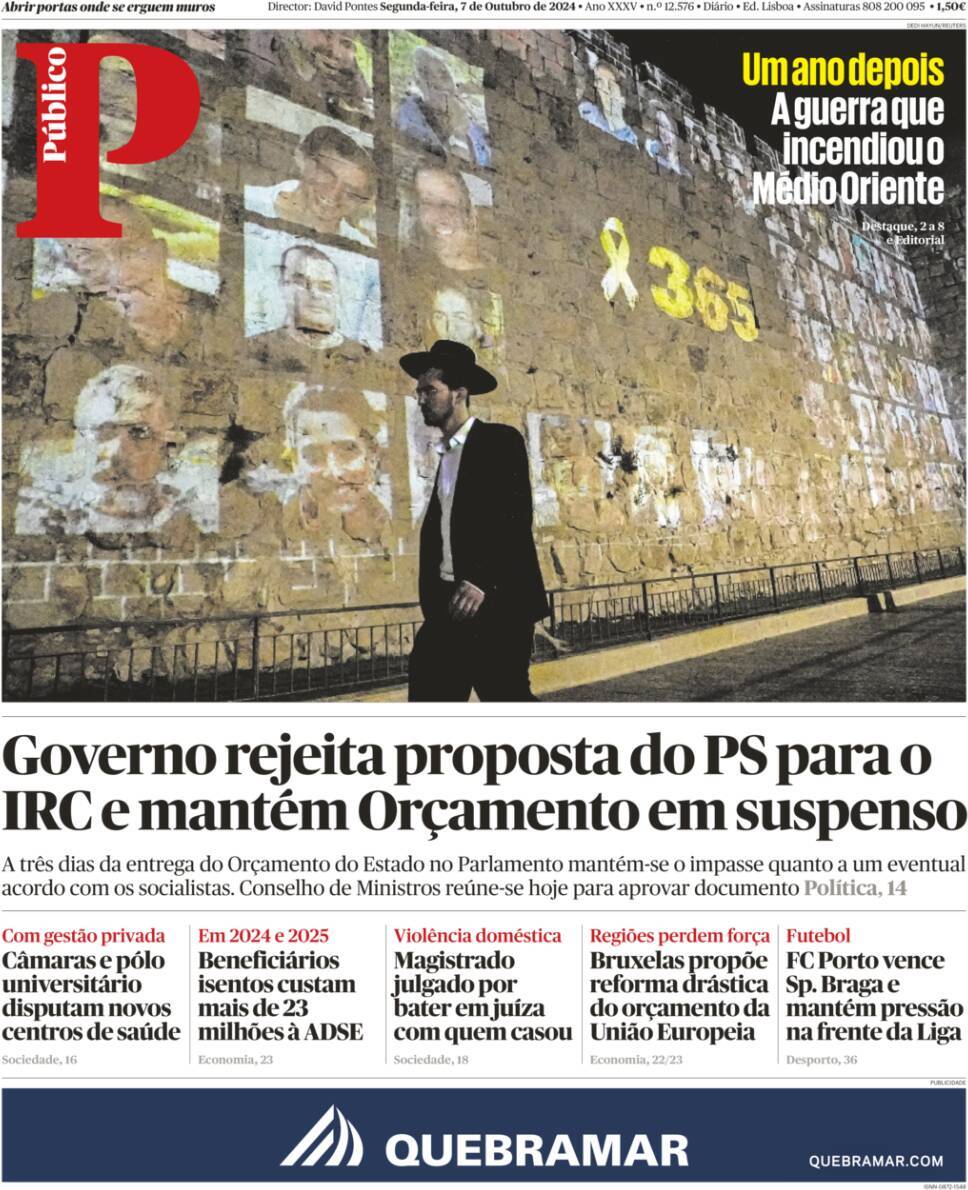 P&uacute;blico: Capa da Edi&ccedil;&atilde;o de segunda-feira, 07 de outubro 2024