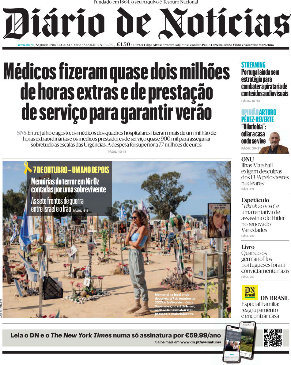 Di&aacute;rio de Not&iacute;cias: Capa da Edi&ccedil;&atilde;o de segunda-feira, 07 de outubro 2024