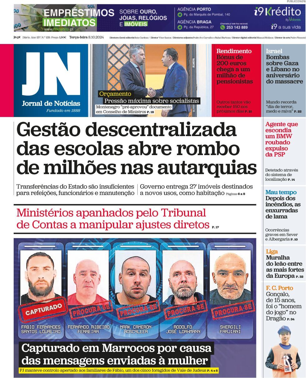 Jornal de Not&iacute;cias: Capa da Edi&ccedil;&atilde;o de ter&ccedil;a-feira, 08 de outubro 2024