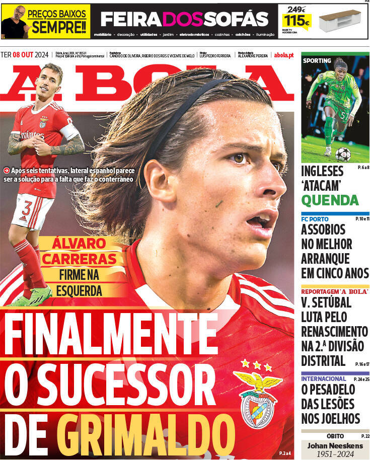A Bola: Capa da Edi&ccedil;&atilde;o de ter&ccedil;a-feira, 08 de outubro 2024
