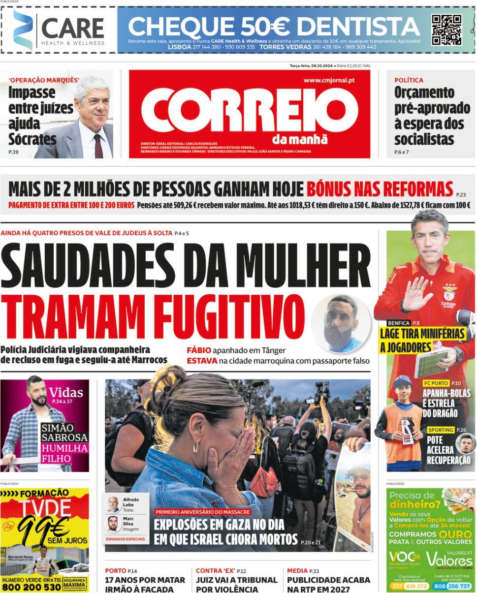 Correio da Manh&atilde;: Capa da Edi&ccedil;&atilde;o de ter&ccedil;a-feira, 08 de outubro 2024