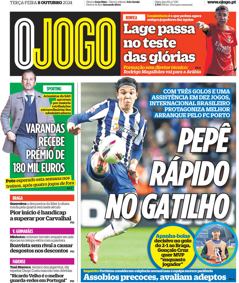 O Jogo: Capa da Edi&ccedil;&atilde;o de ter&ccedil;a-feira, 08 de outubro 2024