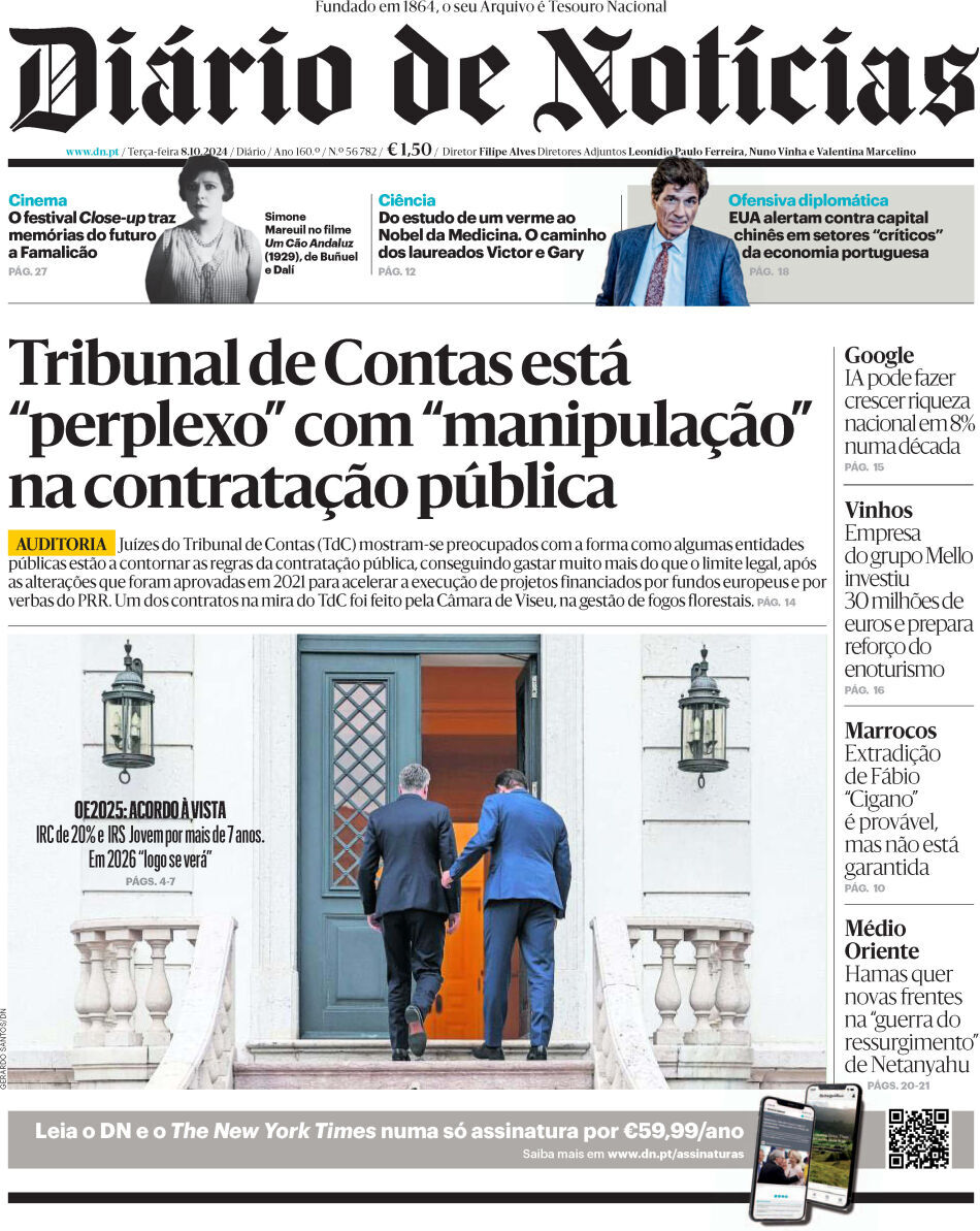 Di&aacute;rio de Not&iacute;cias: Capa da Edi&ccedil;&atilde;o de ter&ccedil;a-feira, 08 de outubro 2024
