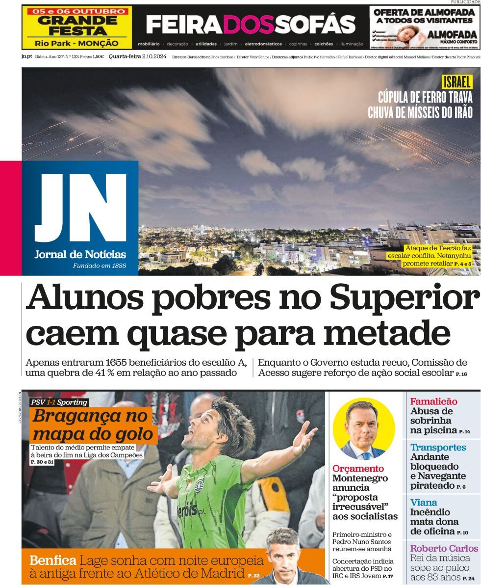 Jornal de Not&iacute;cias: Capa da Edi&ccedil;&atilde;o de quarta-feira, 02 de outubro 2024