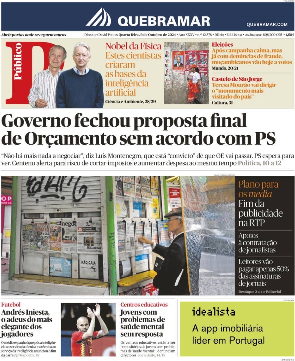 Correio da Manh&atilde;: Capa da Edi&ccedil;&atilde;o de quarta-feira, 09 de outubro 2024