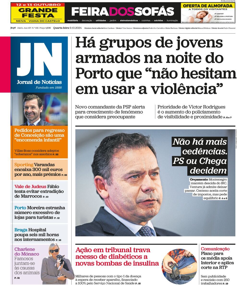 Jornal de Not&iacute;cias: Capa da Edi&ccedil;&atilde;o de quarta-feira, 09 de outubro 2024