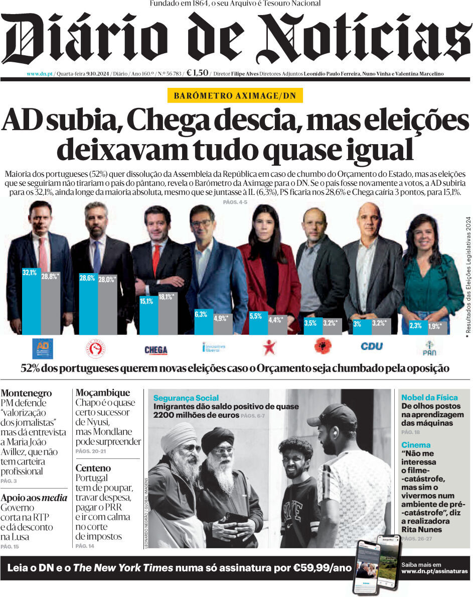 Di&aacute;rio de Not&iacute;cias: Capa da Edi&ccedil;&atilde;o de quarta-feira, 09 de outubro 2024