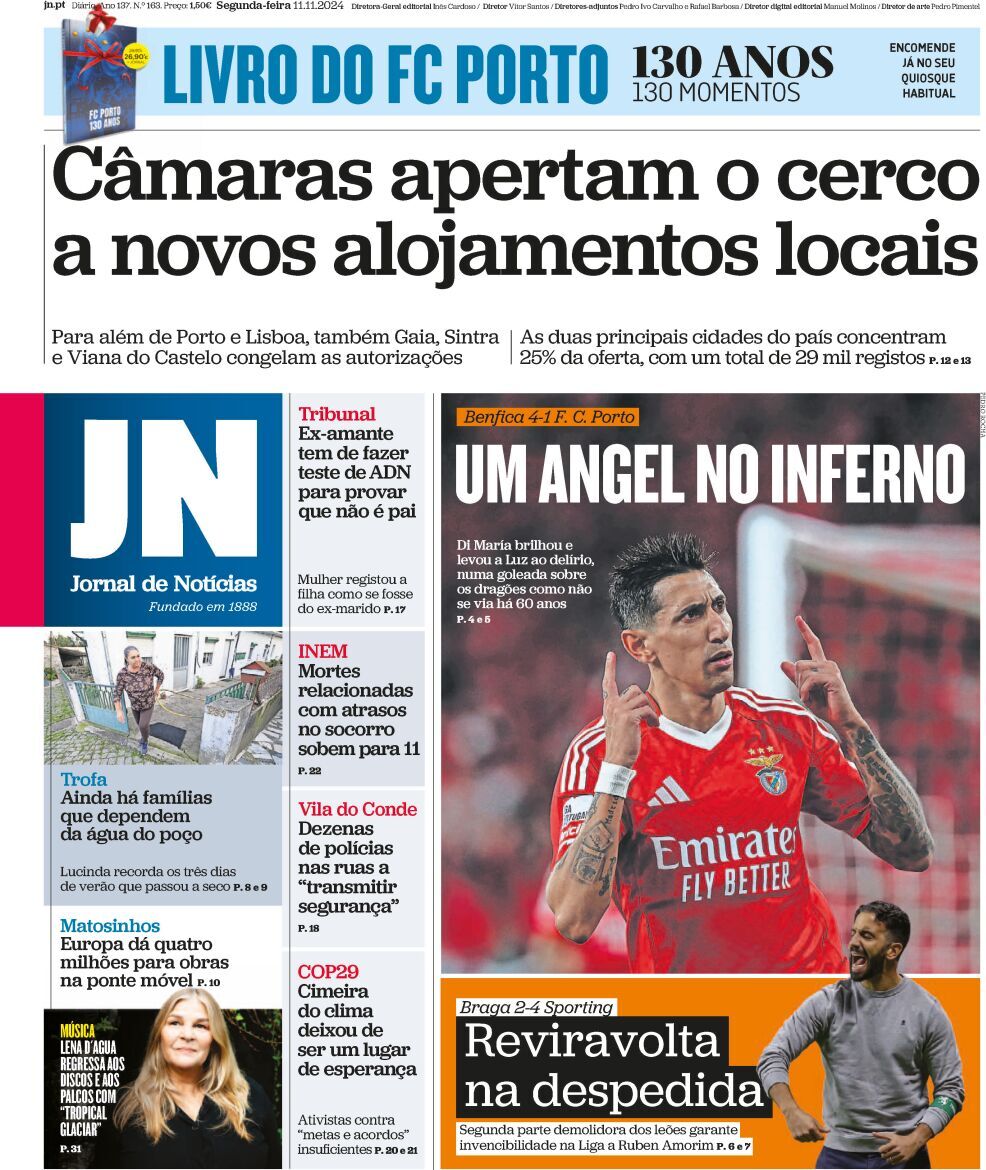 Jornal de Not&iacute;cias: Capa da Edi&ccedil;&atilde;o de segunda-feira, 11 de novembro 2024