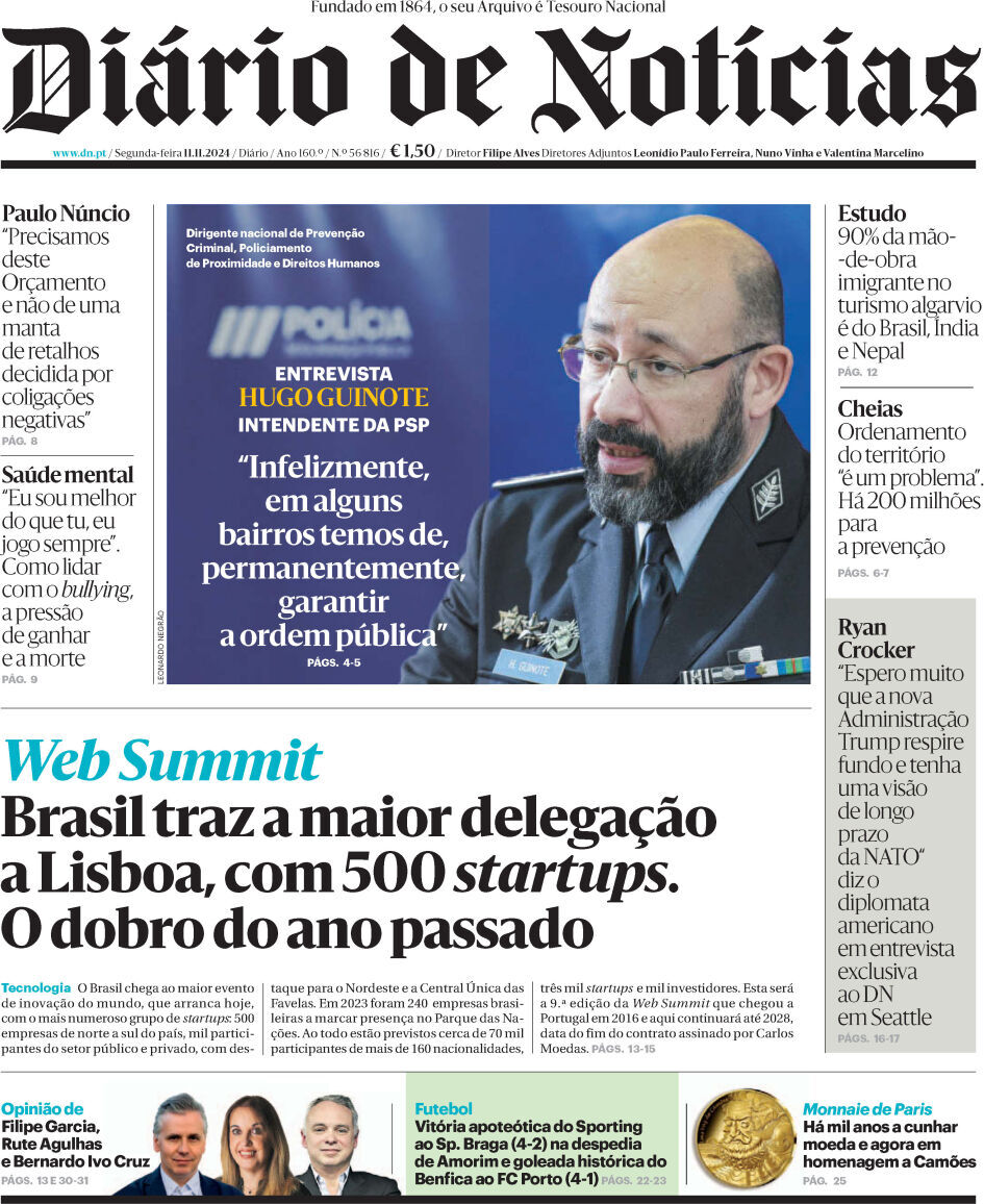 Di&aacute;rio de Not&iacute;cias: Capa da Edi&ccedil;&atilde;o de segunda-feira, 11 de novembro 2024