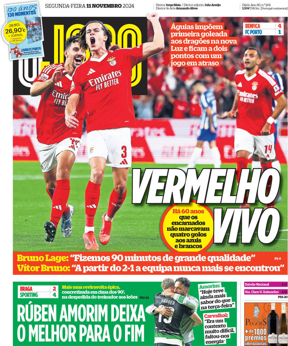 O Jogo: Capa da Edi&ccedil;&atilde;o de segunda-feira, 11 de novembro 2024