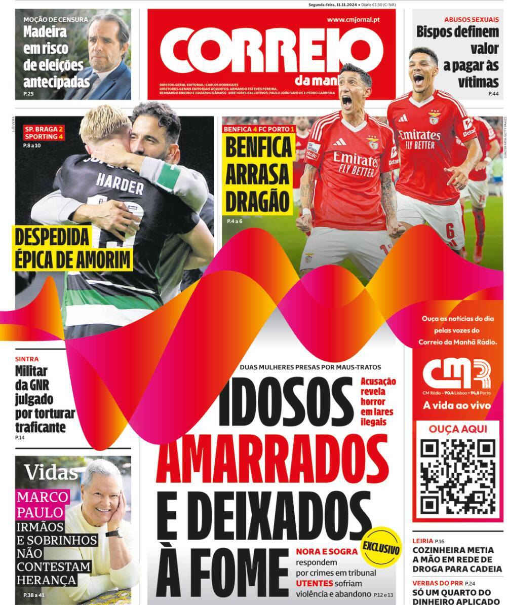 Correio da Manh&atilde;: Capa da Edi&ccedil;&atilde;o de segunda-feira, 11 de novembro 2024