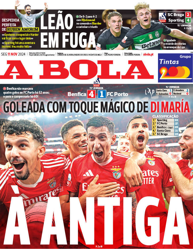 A Bola: Capa da Edi&ccedil;&atilde;o de segunda-feira, 11 de novembro 2024