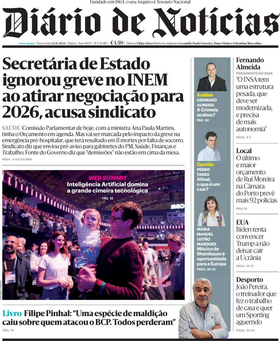 Di&aacute;rio de Not&iacute;cias: Capa da Edi&ccedil;&atilde;o de ter&ccedil;a-feira, 12 de novembro 2024