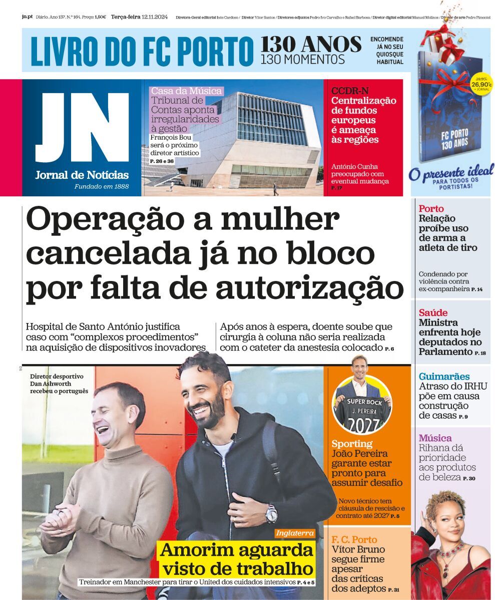 Jornal de Not&iacute;cias: Capa da Edi&ccedil;&atilde;o de ter&ccedil;a-feira, 12 de novembro 2024