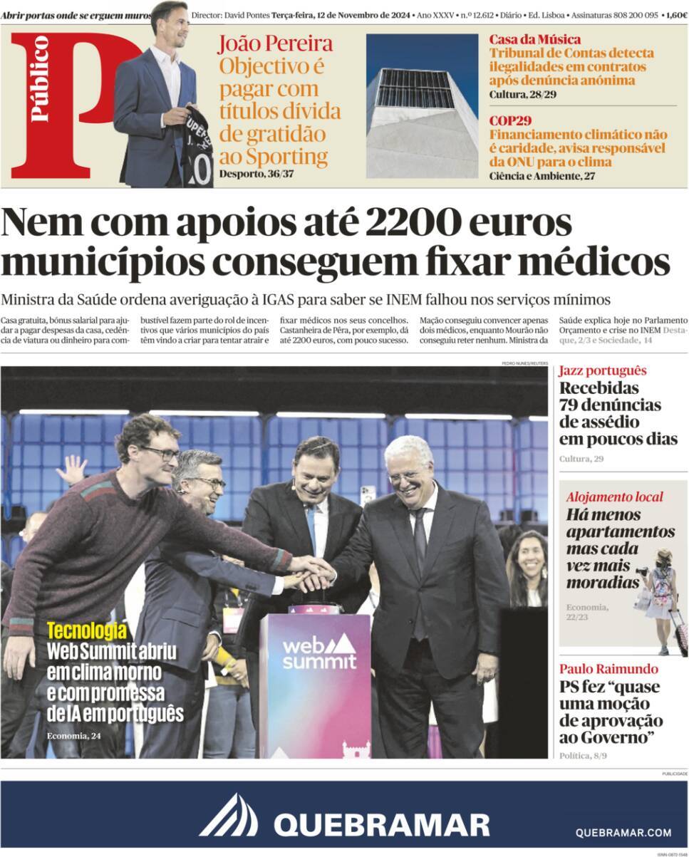 P&uacute;blico: Capa da Edi&ccedil;&atilde;o de ter&ccedil;a-feira, 12 de novembro 2024