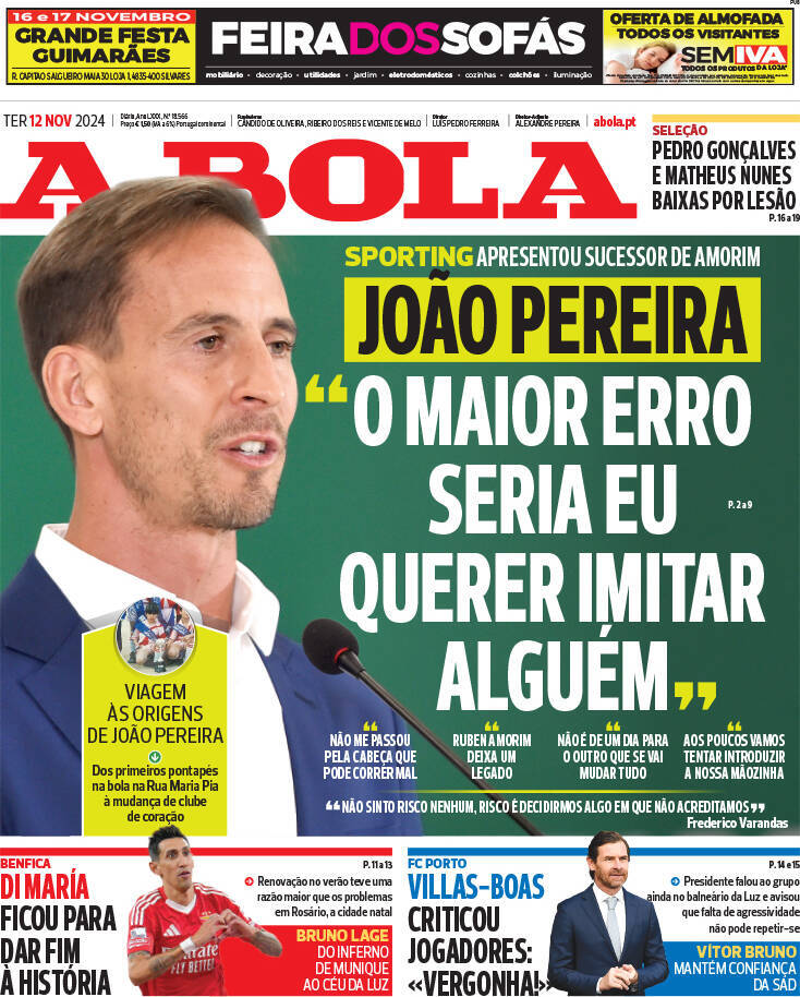A Bola: Capa da Edi&ccedil;&atilde;o de ter&ccedil;a-feira, 12 de novembro 2024