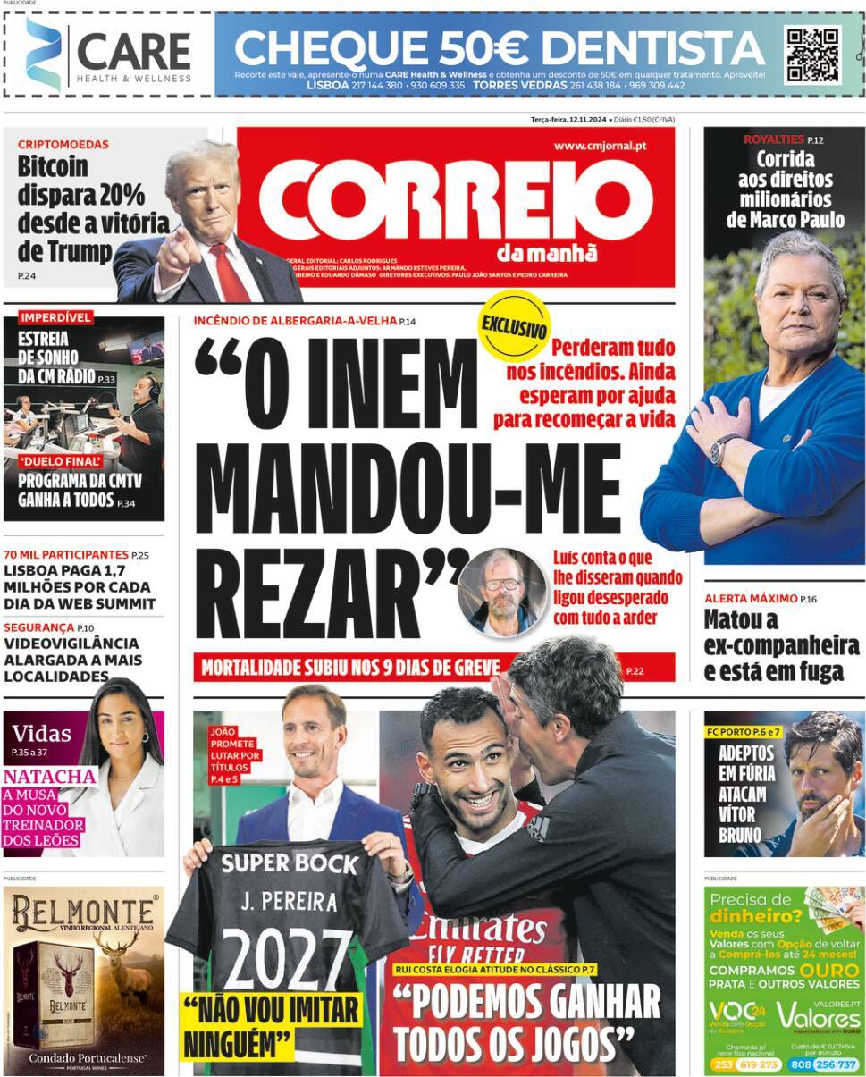 Correio da Manh&atilde;: Capa da Edi&ccedil;&atilde;o de ter&ccedil;a-feira, 12 de novembro 2024