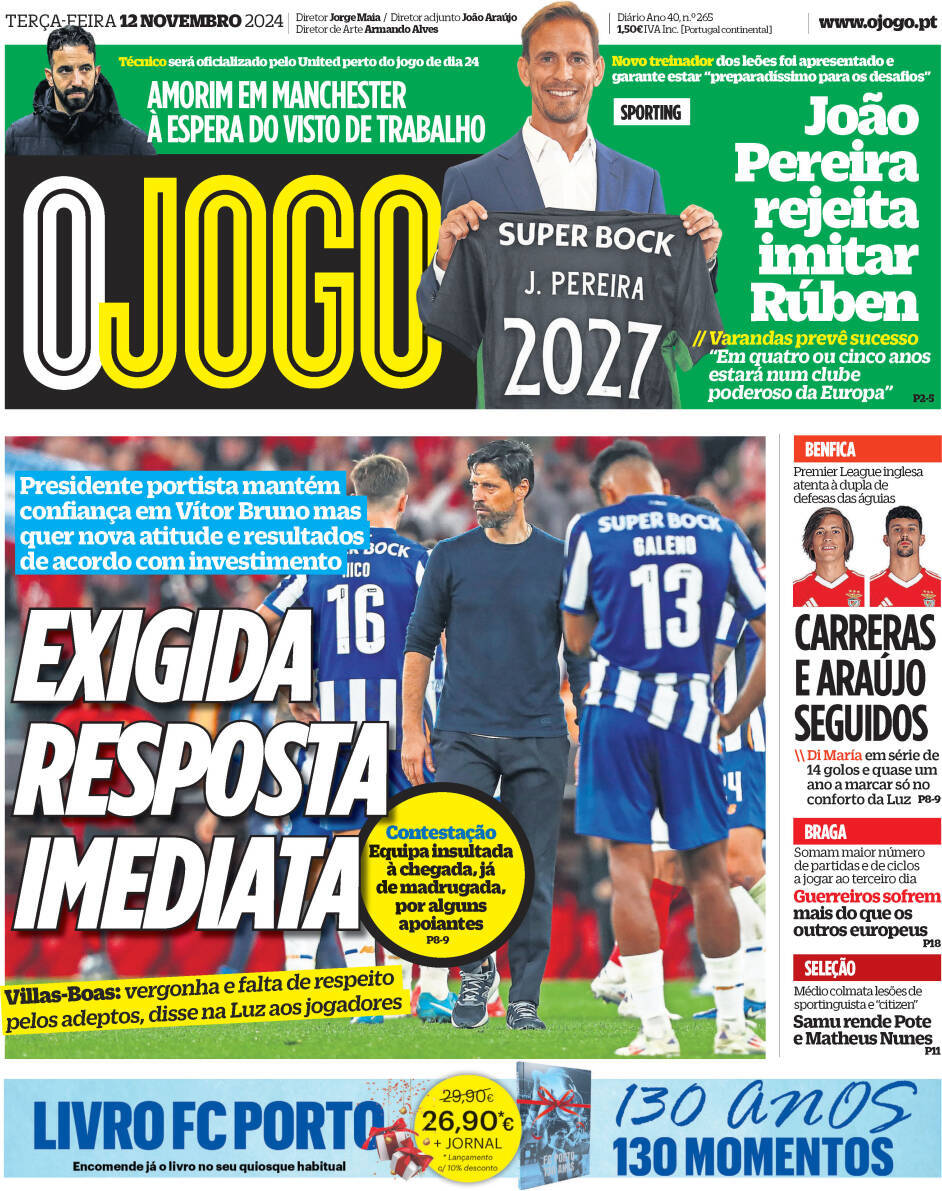 O Jogo: Capa da Edi&ccedil;&atilde;o de ter&ccedil;a-feira, 12 de novembro 2024