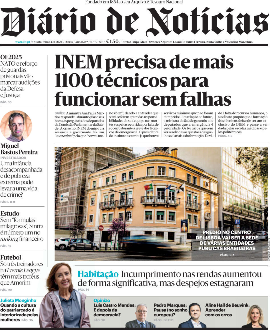 Di&aacute;rio de Not&iacute;cias: Capa da Edi&ccedil;&atilde;o de quarta-feira, 13 de novembro 2024