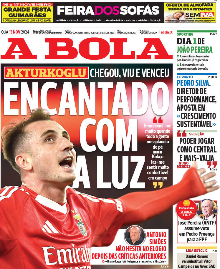 A Bola: Capa da Edi&ccedil;&atilde;o de quarta-feira, 13 de novembro 2024