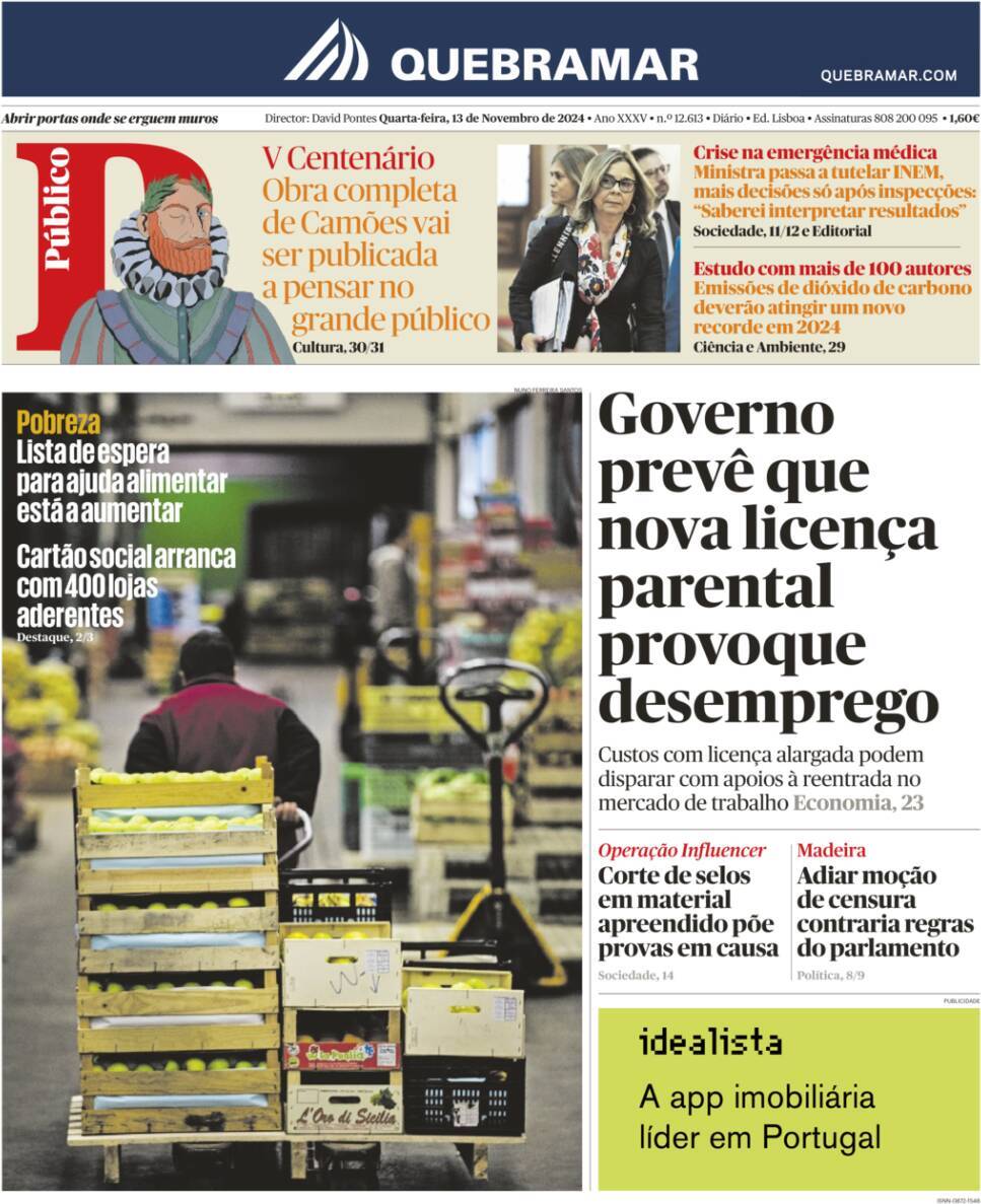 P&uacute;blico: Capa da Edi&ccedil;&atilde;o de quarta-feira, 13 de novembro 2024