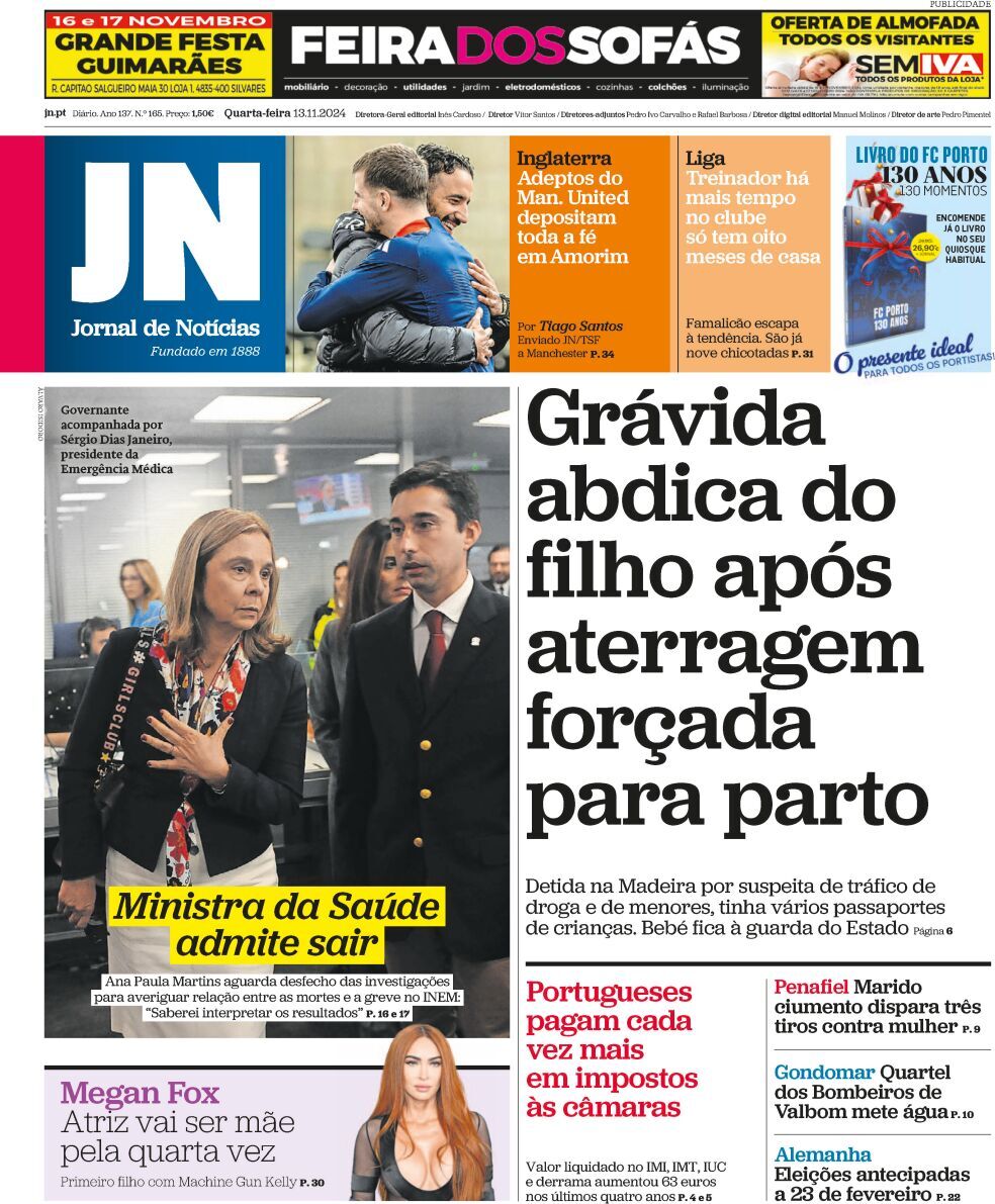 Jornal de Not&iacute;cias: Capa da Edi&ccedil;&atilde;o de quarta-feira, 13 de novembro 2024