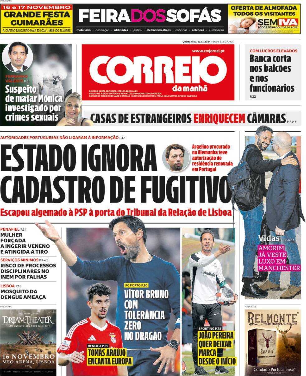 Correio da Manh&atilde;: Capa da Edi&ccedil;&atilde;o de quarta-feira, 13 de novembro 2024