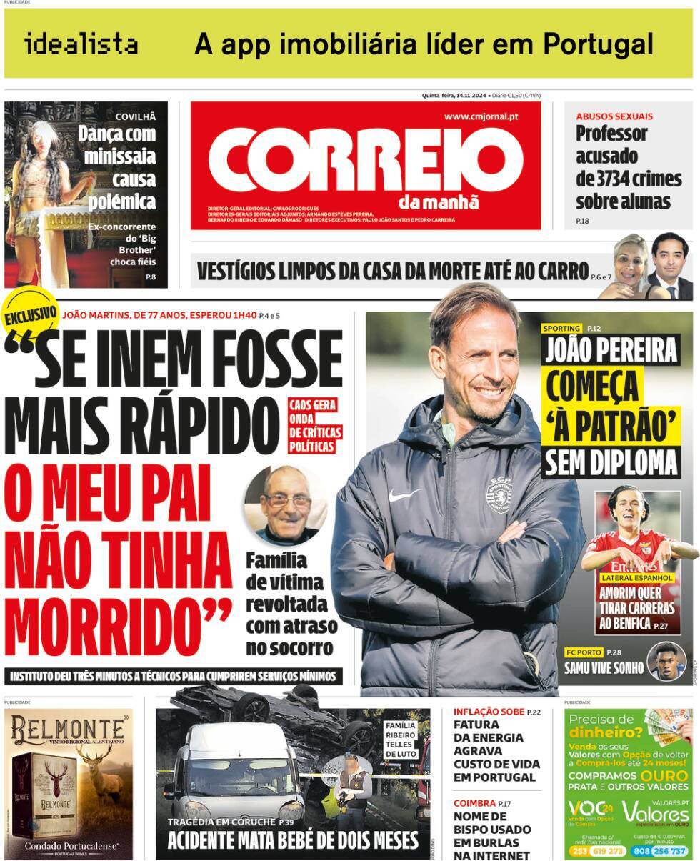 Correio da Manh&atilde;: Capa da Edi&ccedil;&atilde;o de quinta-feira, 14 de novembro 2024