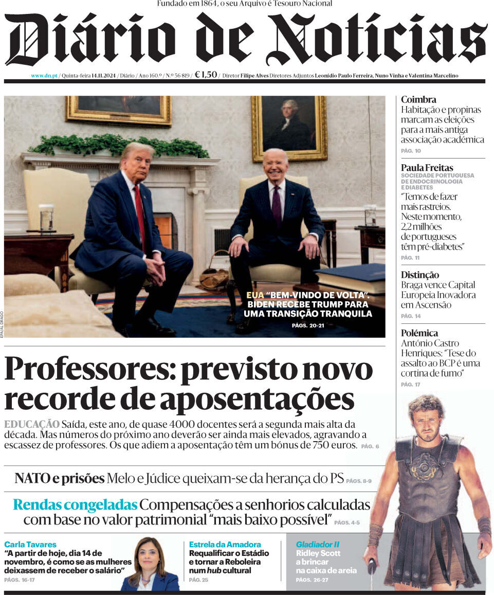 Di&aacute;rio de Not&iacute;cias: Capa da Edi&ccedil;&atilde;o de quinta-feira, 14 de novembro 2024
