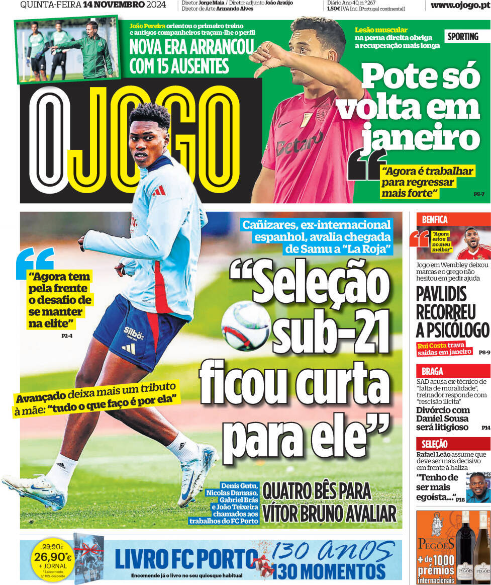 O Jogo: Capa da Edi&ccedil;&atilde;o de quinta-feira, 14 de novembro 2024