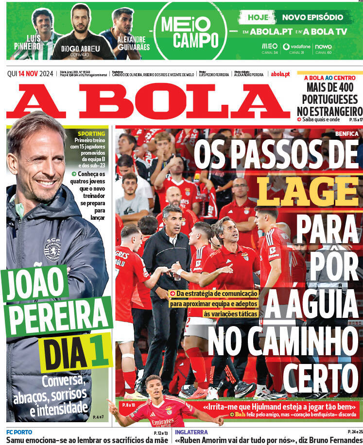 A Bola: Capa da Edi&ccedil;&atilde;o de quinta-feira, 14 de novembro 2024