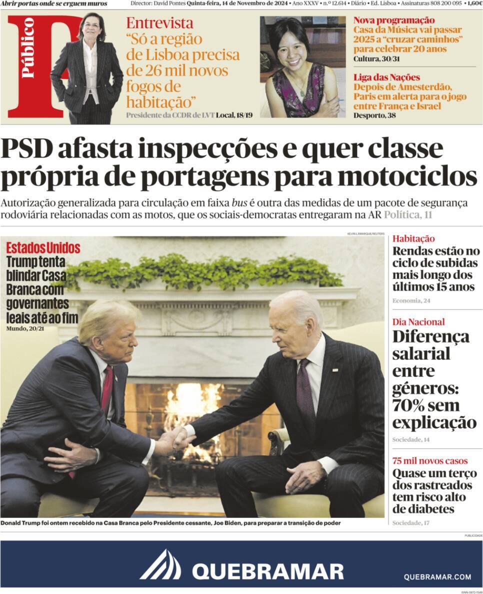 P&uacute;blico: Capa da Edi&ccedil;&atilde;o de quinta-feira, 14 de novembro 2024