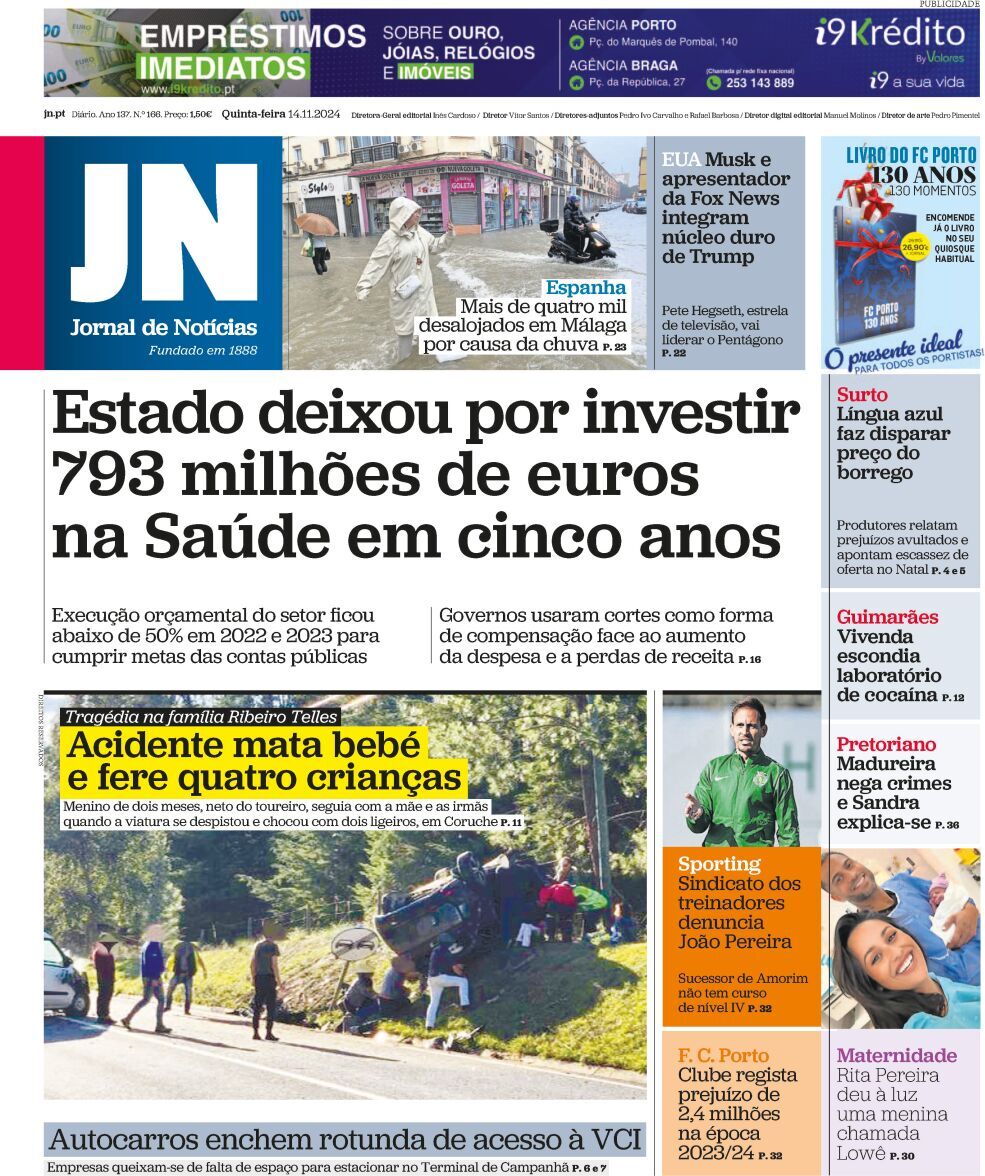 Jornal de Not&iacute;cias: Capa da Edi&ccedil;&atilde;o de quinta-feira, 14 de novembro 2024