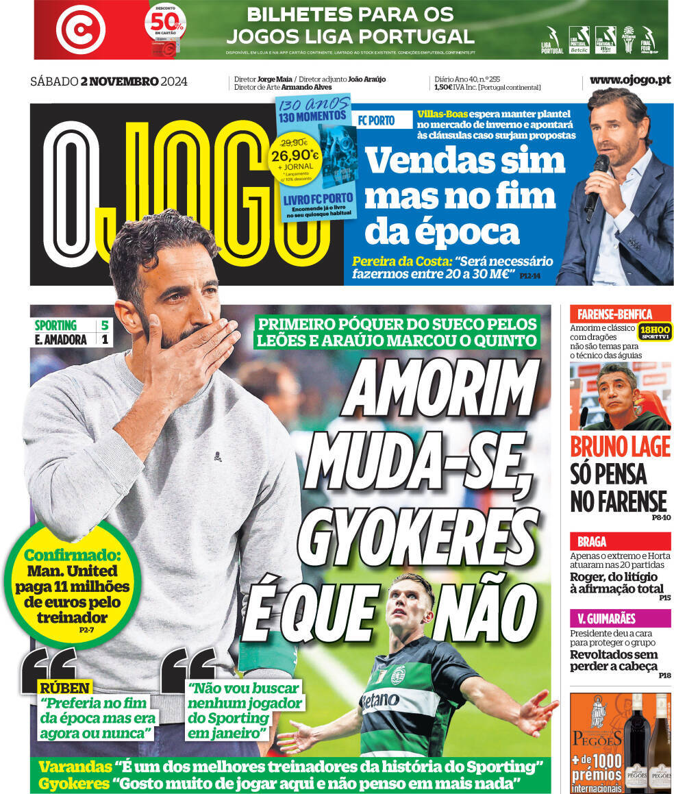 O Jogo: Capa da Edi&ccedil;&atilde;o de s&aacute;bado, 02 de novembro 2024