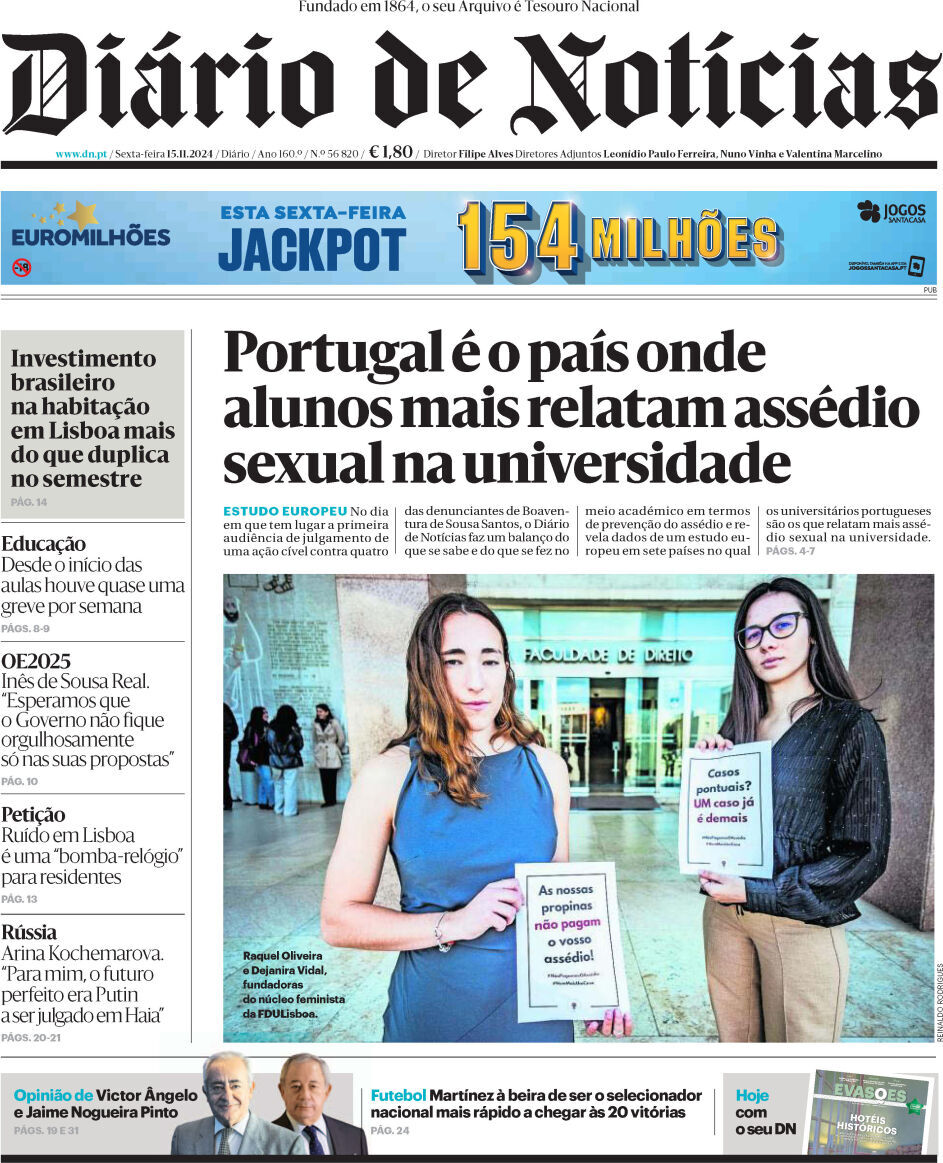Di&aacute;rio de Not&iacute;cias: Capa da Edi&ccedil;&atilde;o de sexta-feira, 15 de novembro 2024