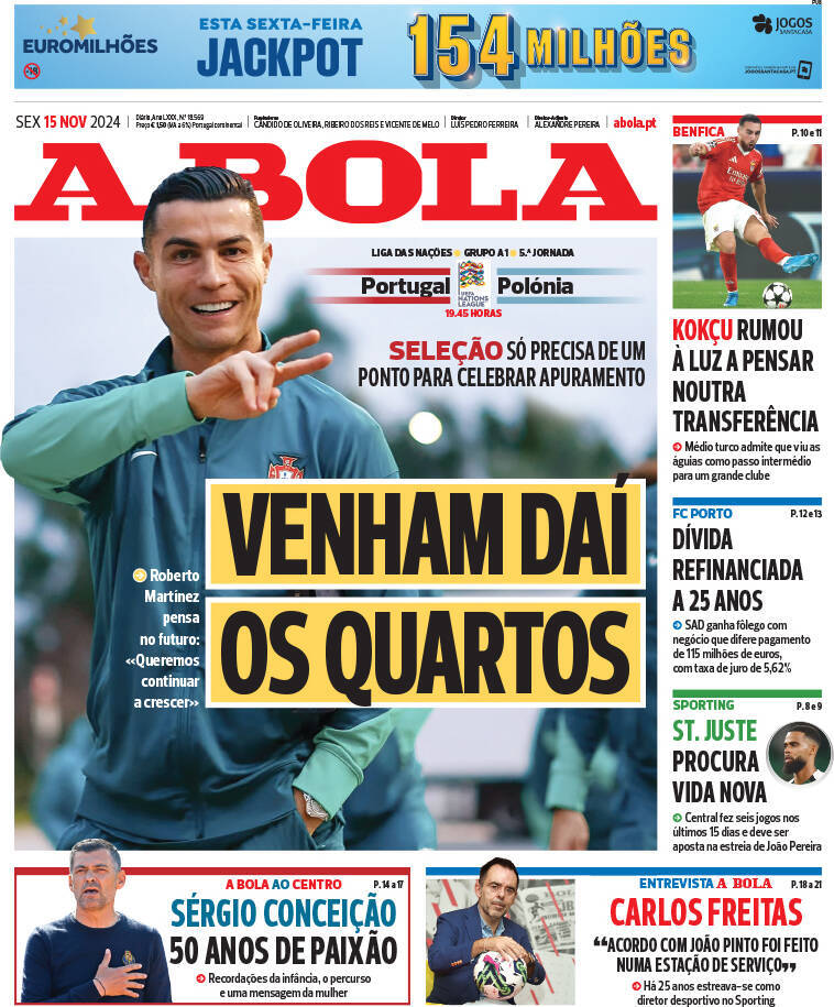 A Bola: Capa da Edi&ccedil;&atilde;o de sexta-feira, 15 de novembro 2024