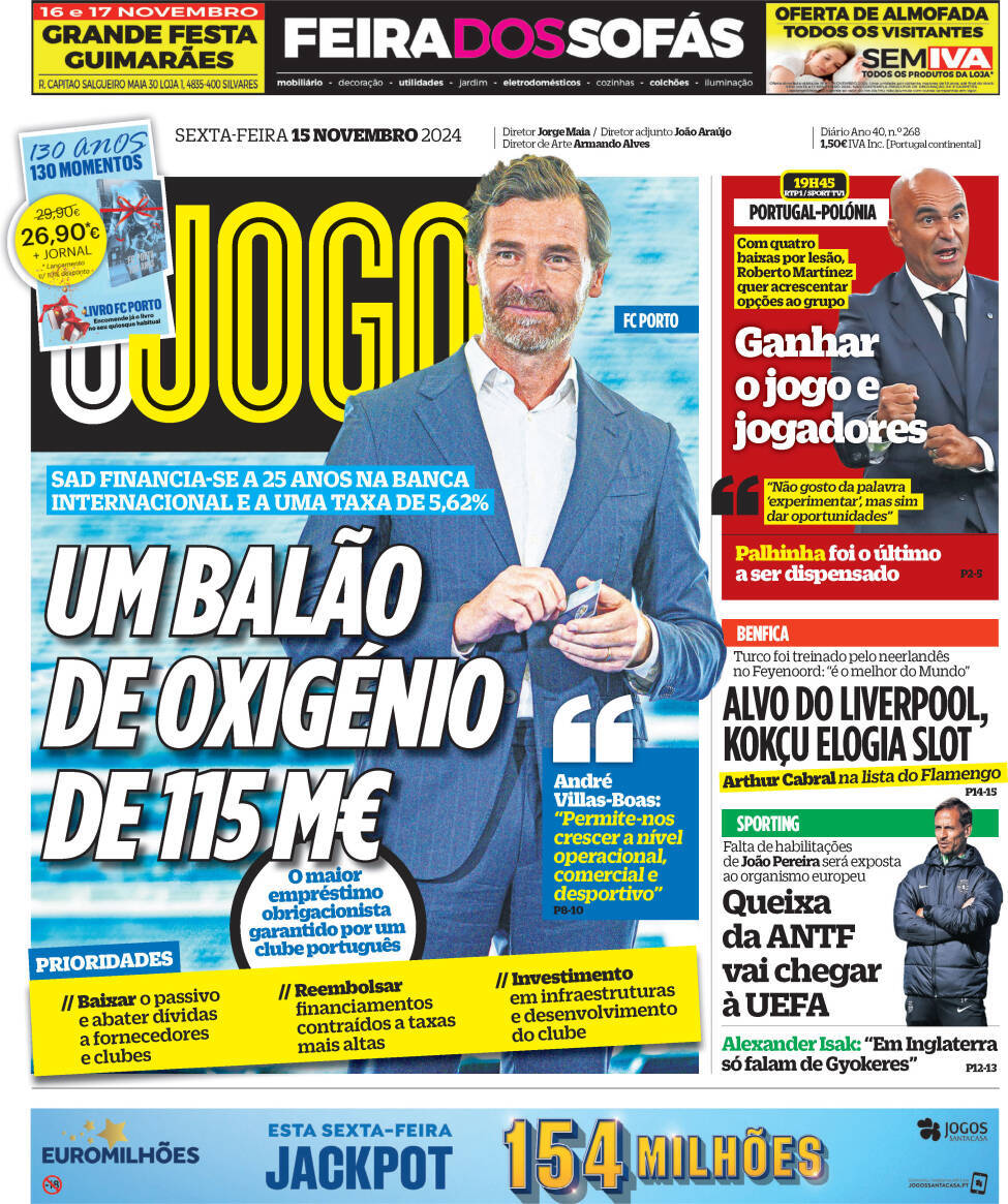 O Jogo: Capa da Edi&ccedil;&atilde;o de sexta-feira, 15 de novembro 2024