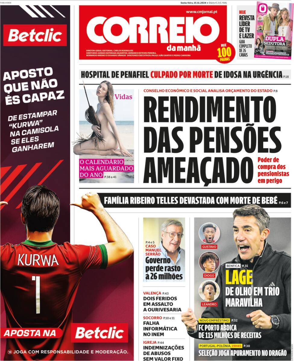 Correio da Manh&atilde;: Capa da Edi&ccedil;&atilde;o de sexta-feira, 15 de novembro 2024