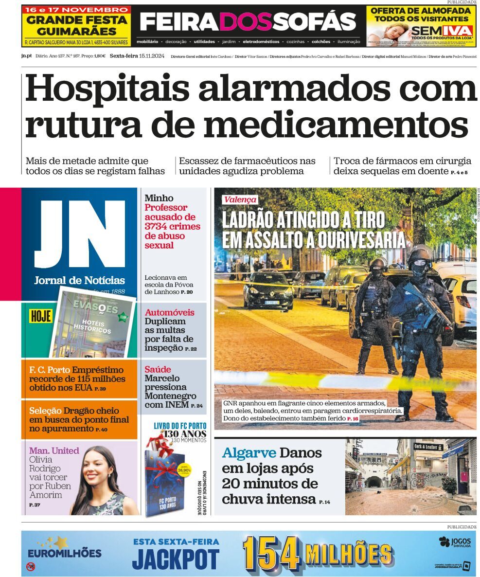Jornal de Not&iacute;cias: Capa da Edi&ccedil;&atilde;o de sexta-feira, 15 de novembro 2024