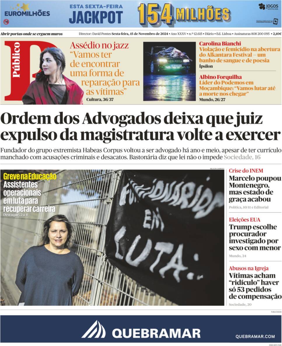 P&uacute;blico: Capa da Edi&ccedil;&atilde;o de sexta-feira, 15 de novembro 2024