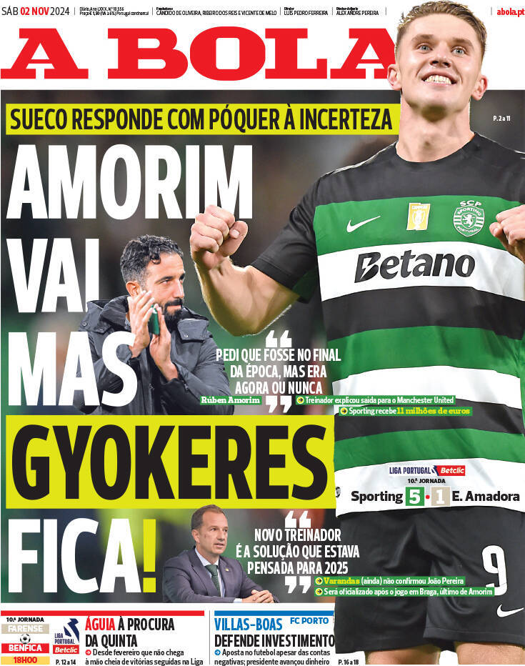 A Bola: Capa da Edi&ccedil;&atilde;o de s&aacute;bado, 02 de novembro 2024