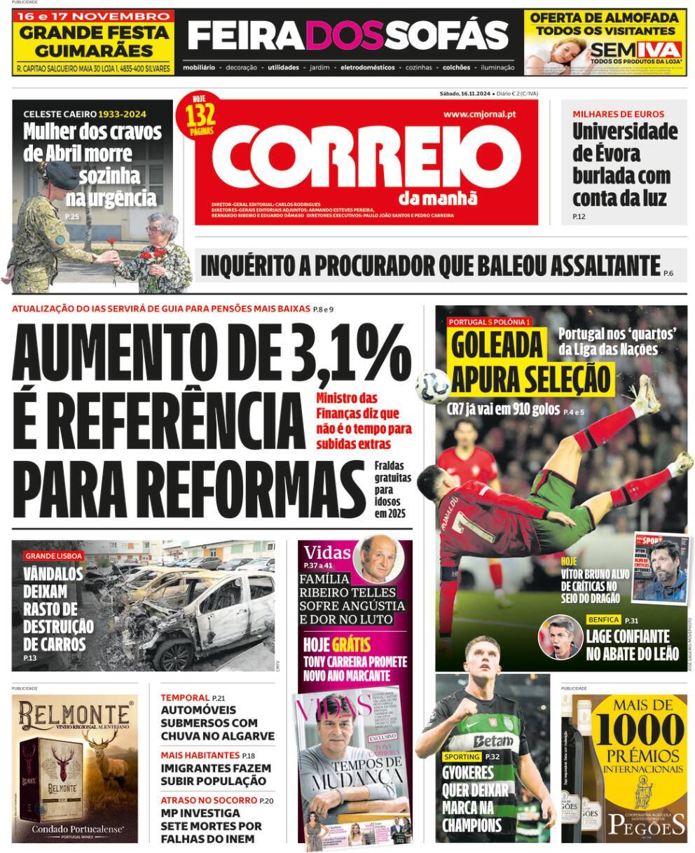 Correio da Manh&atilde;: Capa da Edi&ccedil;&atilde;o de s&aacute;bado, 16 de novembro 2024