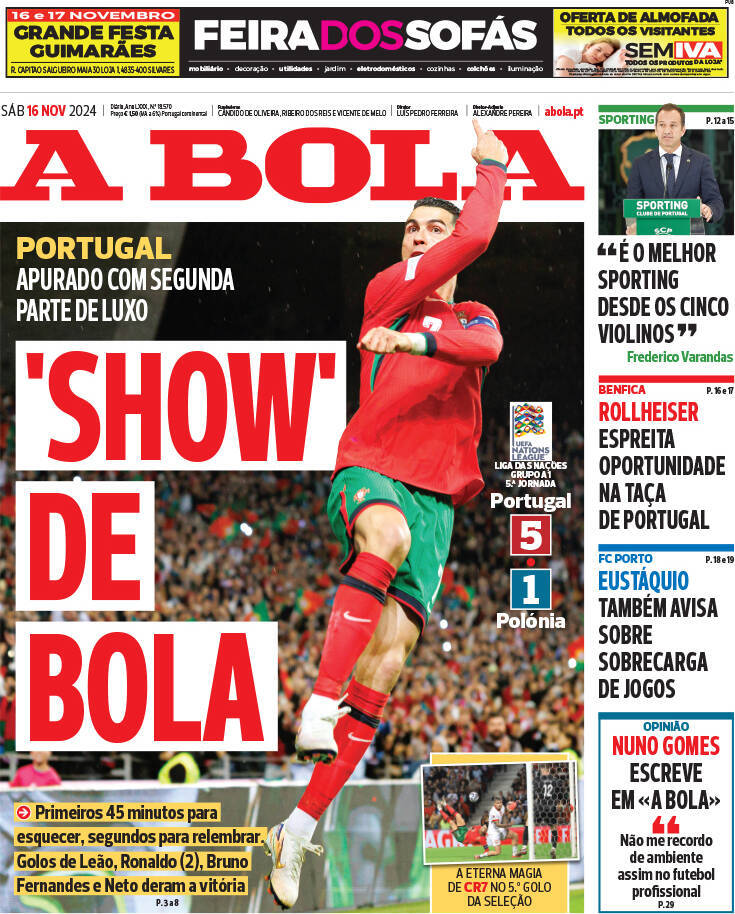 A Bola: Capa da Edi&ccedil;&atilde;o de s&aacute;bado, 16 de novembro 2024