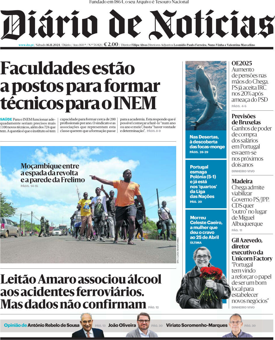 Di&aacute;rio de Not&iacute;cias: Capa da Edi&ccedil;&atilde;o de s&aacute;bado, 16 de novembro 2024
