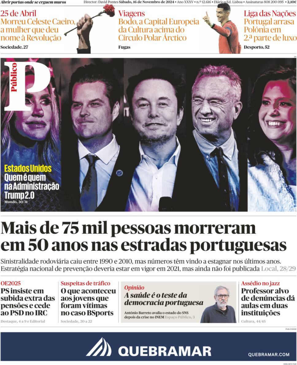 P&uacute;blico: Capa da Edi&ccedil;&atilde;o de s&aacute;bado, 16 de novembro 2024