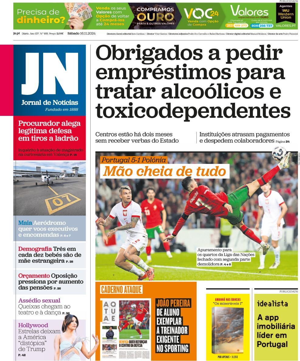 Jornal de Not&iacute;cias: Capa da Edi&ccedil;&atilde;o de s&aacute;bado, 16 de novembro 2024