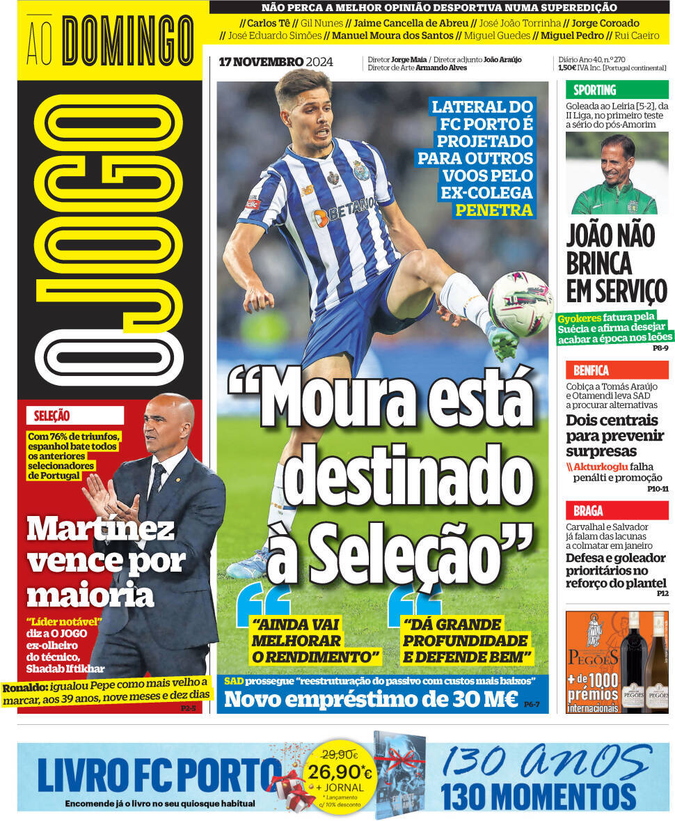 O Jogo: Capa da Edi&ccedil;&atilde;o de domingo, 17 de novembro 2024