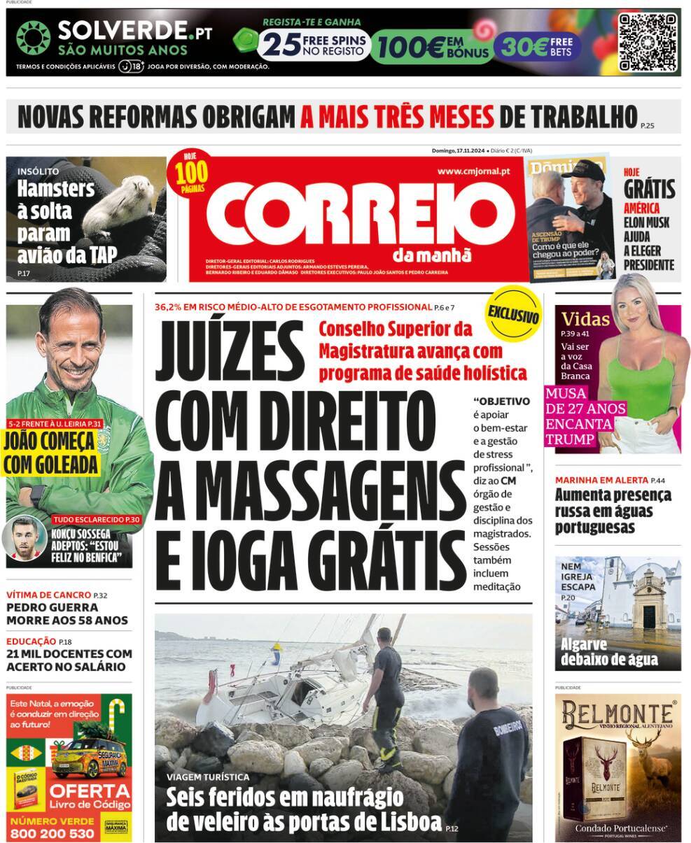 Correio da Manh&atilde;: Capa da Edi&ccedil;&atilde;o de domingo, 17 de novembro 2024