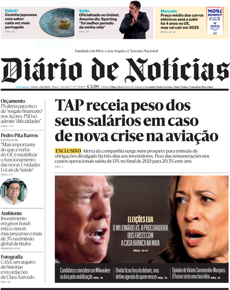 Di&aacute;rio de Not&iacute;cias: Capa da Edi&ccedil;&atilde;o de s&aacute;bado, 02 de novembro 2024