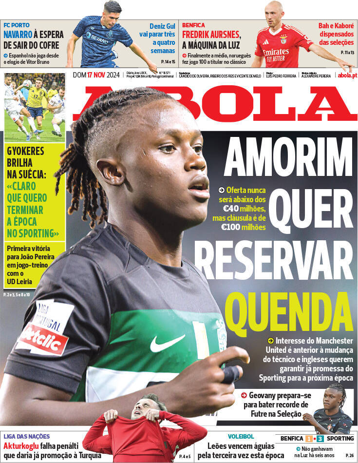 A Bola: Capa da Edi&ccedil;&atilde;o de domingo, 17 de novembro 2024